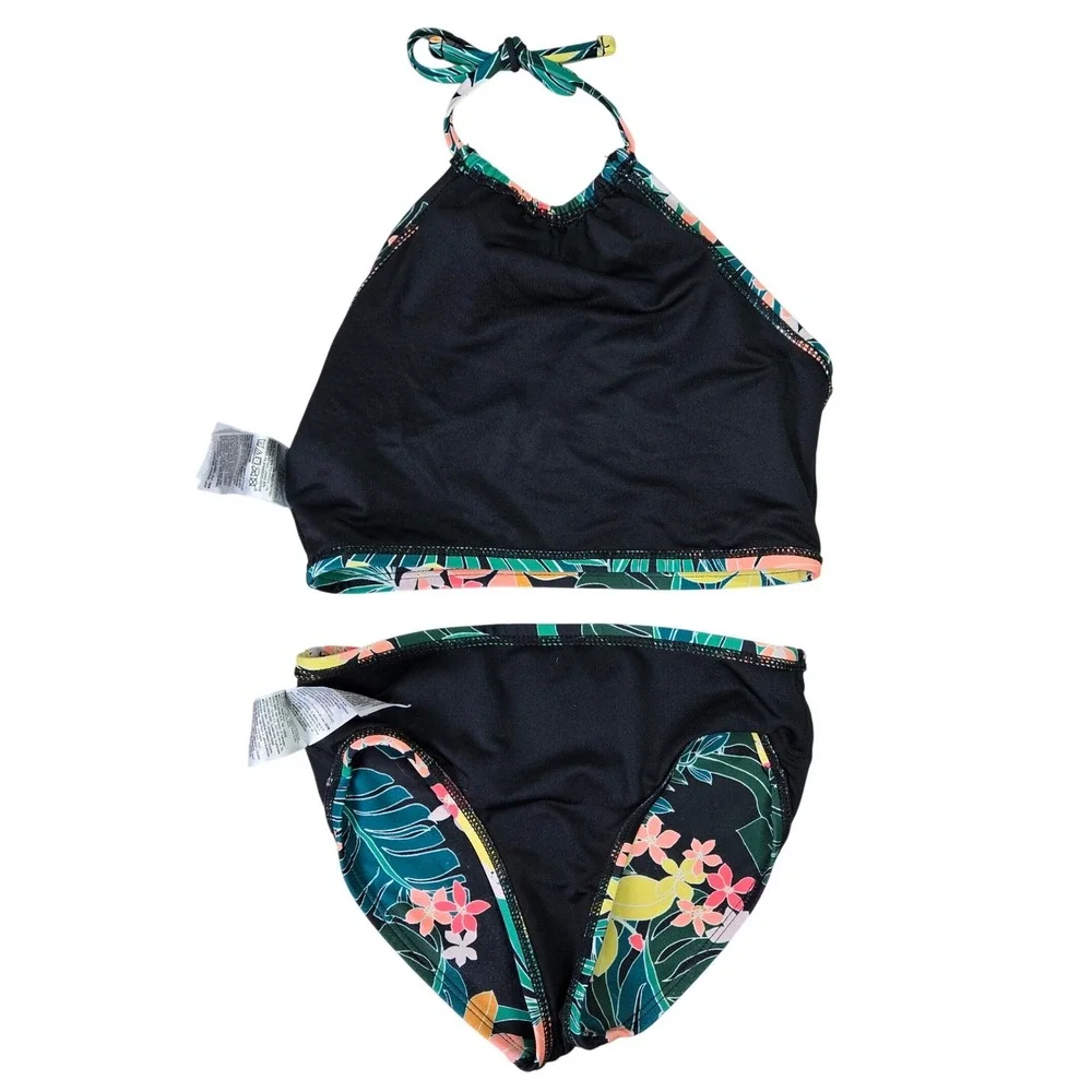 Old Navy‎ Girls Size 6-7 Small Black Floral Tropical Crop Halter Bikini Set